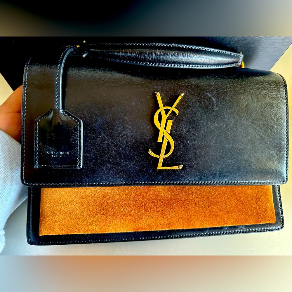 SAINT LAURENTCalfskin Suede Medium MonogramSunset Satchel Black Cinnamon